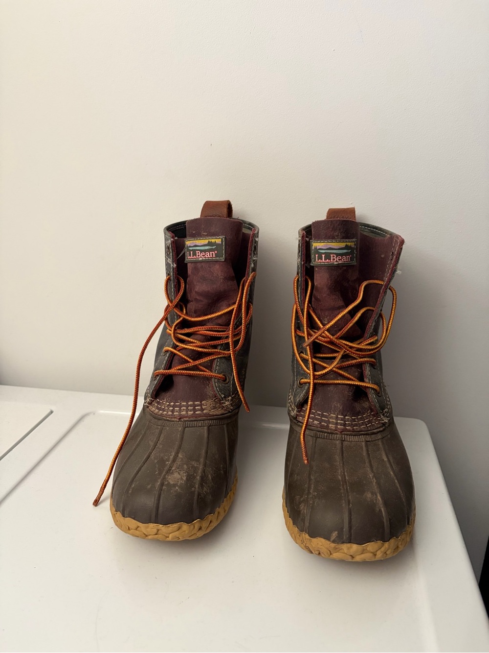 L.L. Bean Brown and Burgundy Waterproof Duck Boots with Orange Laces